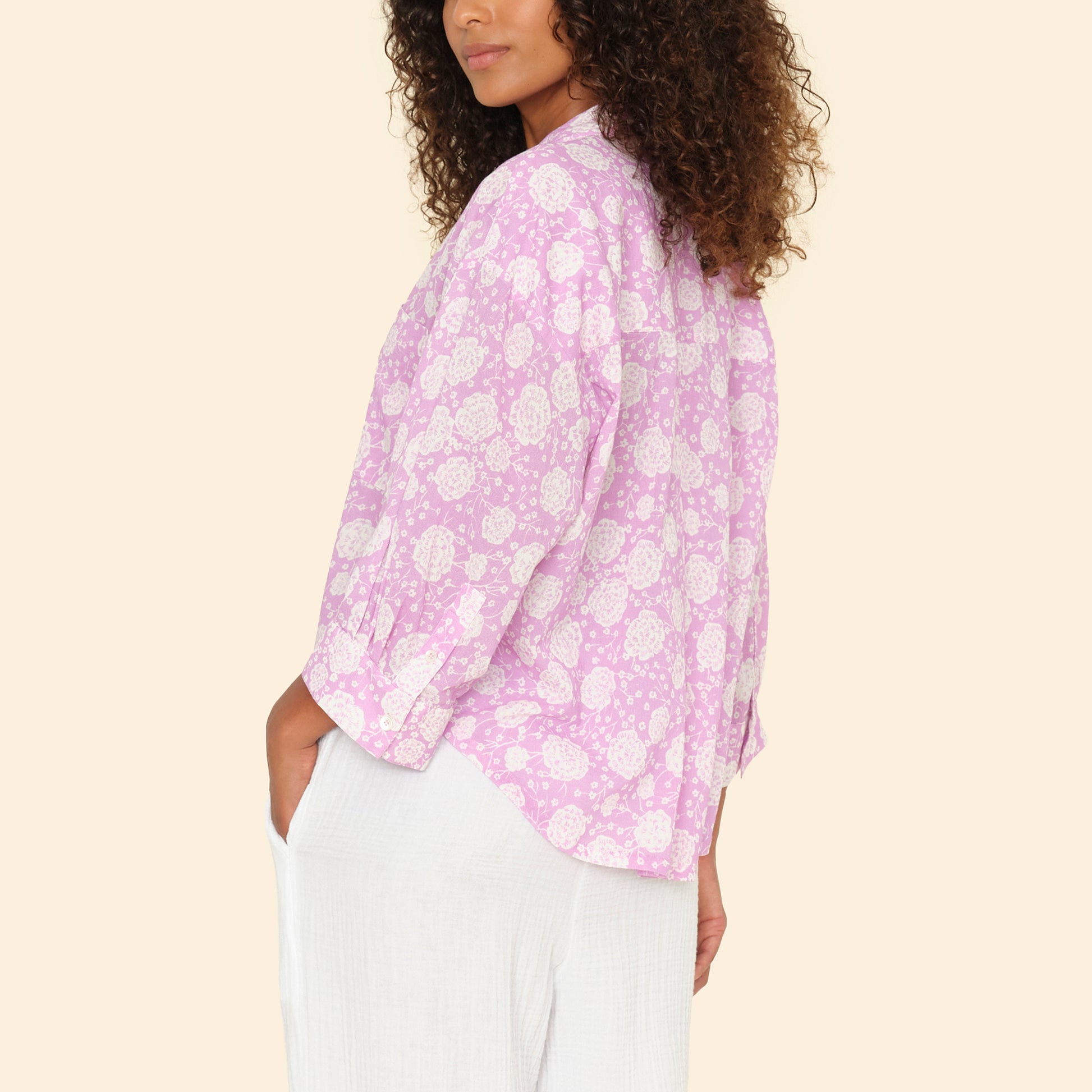 Warren Blouse in Orchid Pink, button-up cotton shirt with wide bracelet sleeves and shirttail hem.