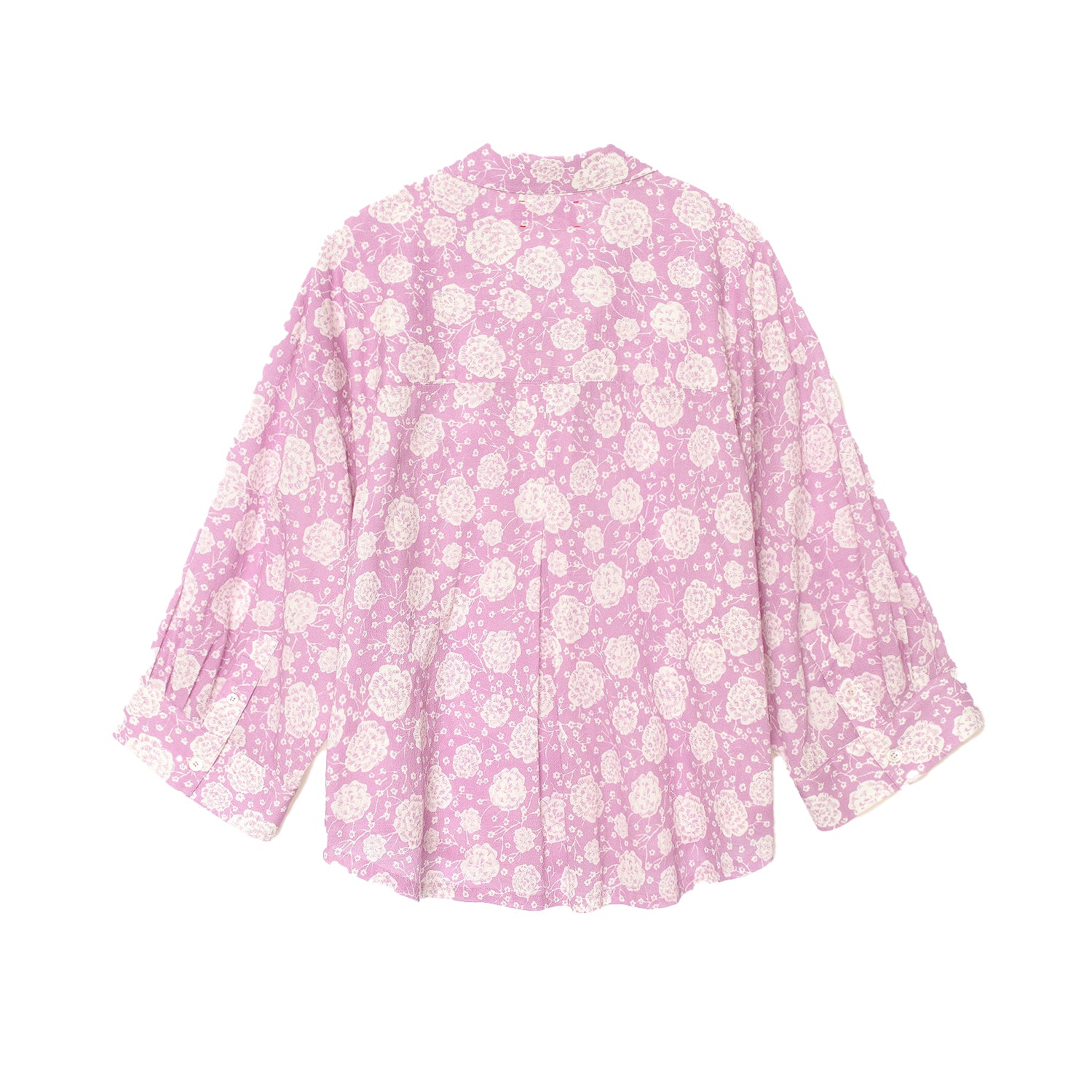 Warren Blouse in Orchid Pink, a button-up blouse with wide sleeves and a shirttail hem, printed floral design.