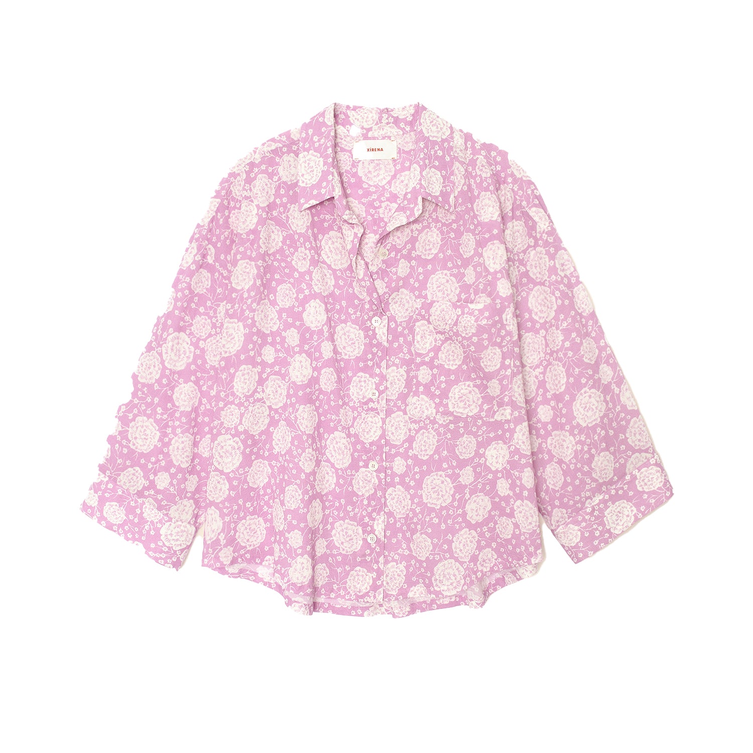 Warren Blouse in Orchid Pink, button-up with wide sleeves, cotton fabric, loose fit, left chest pocket, shirttail hem.