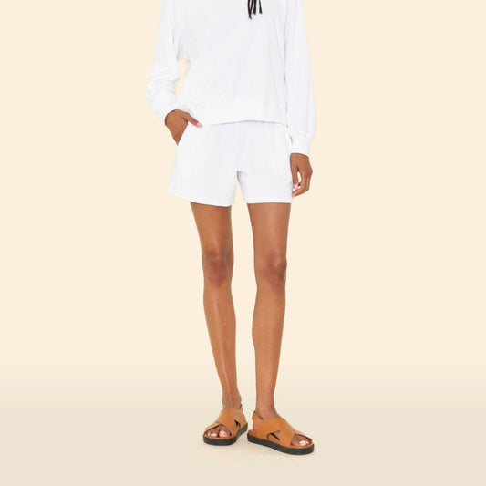 Shayden Terry Shorts in White featuring elastic waistband and contrast drawstring, made from towel terry fabric.