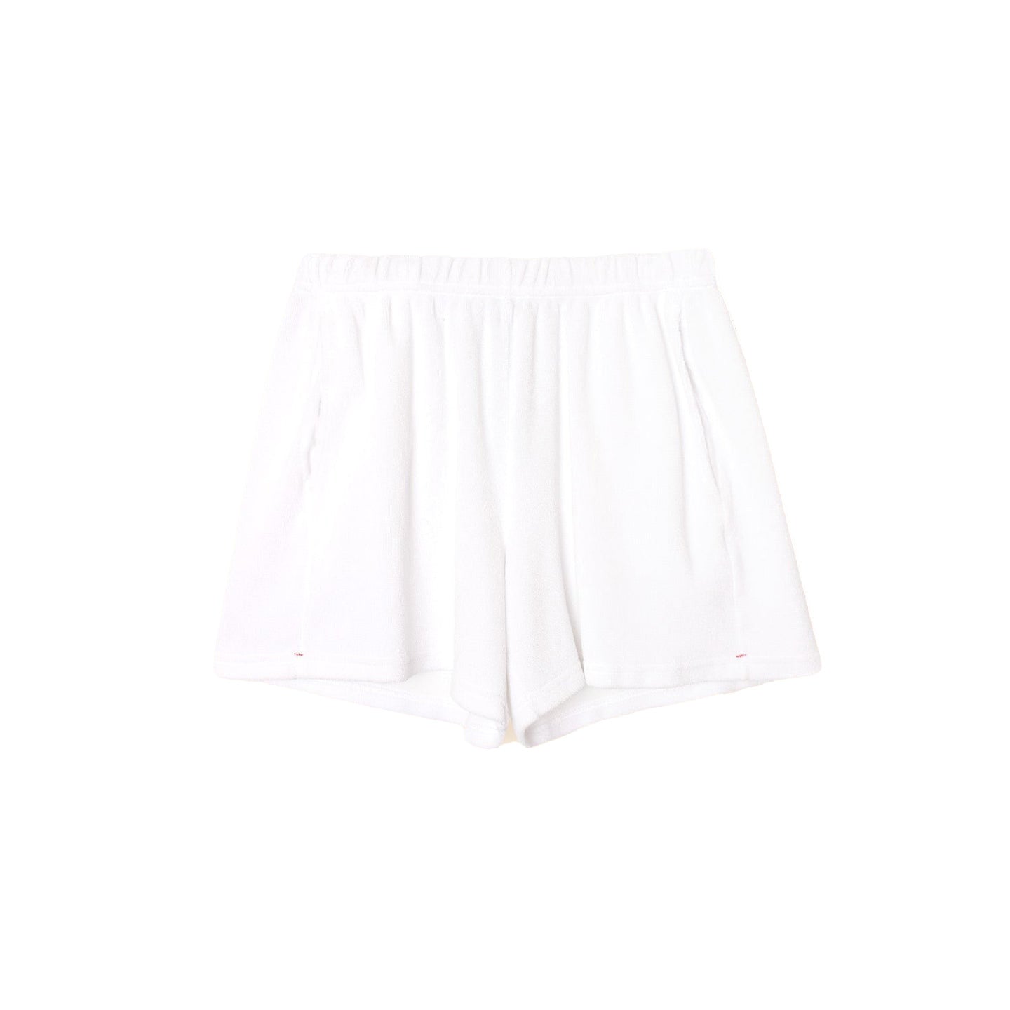 Shayden Terry shorts in white, featuring an elastic waistband and contrast drawstring, made from soft towel terry fabric.