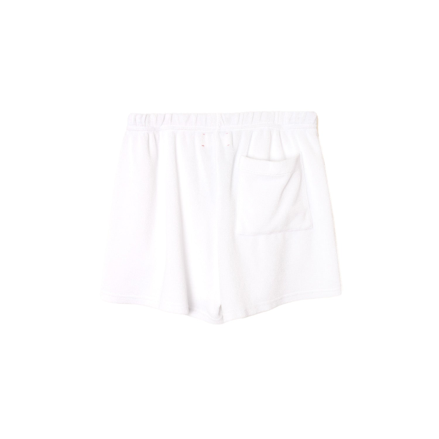Shayden Terry Shorts in White featuring an elastic waistband and pocket, made from towel terry fabric.