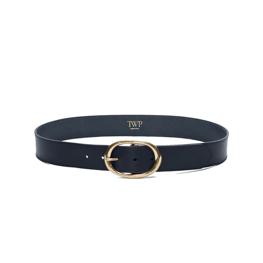 Wide Belt in Midnight featuring cowhide leather and antique gold finish buckle.