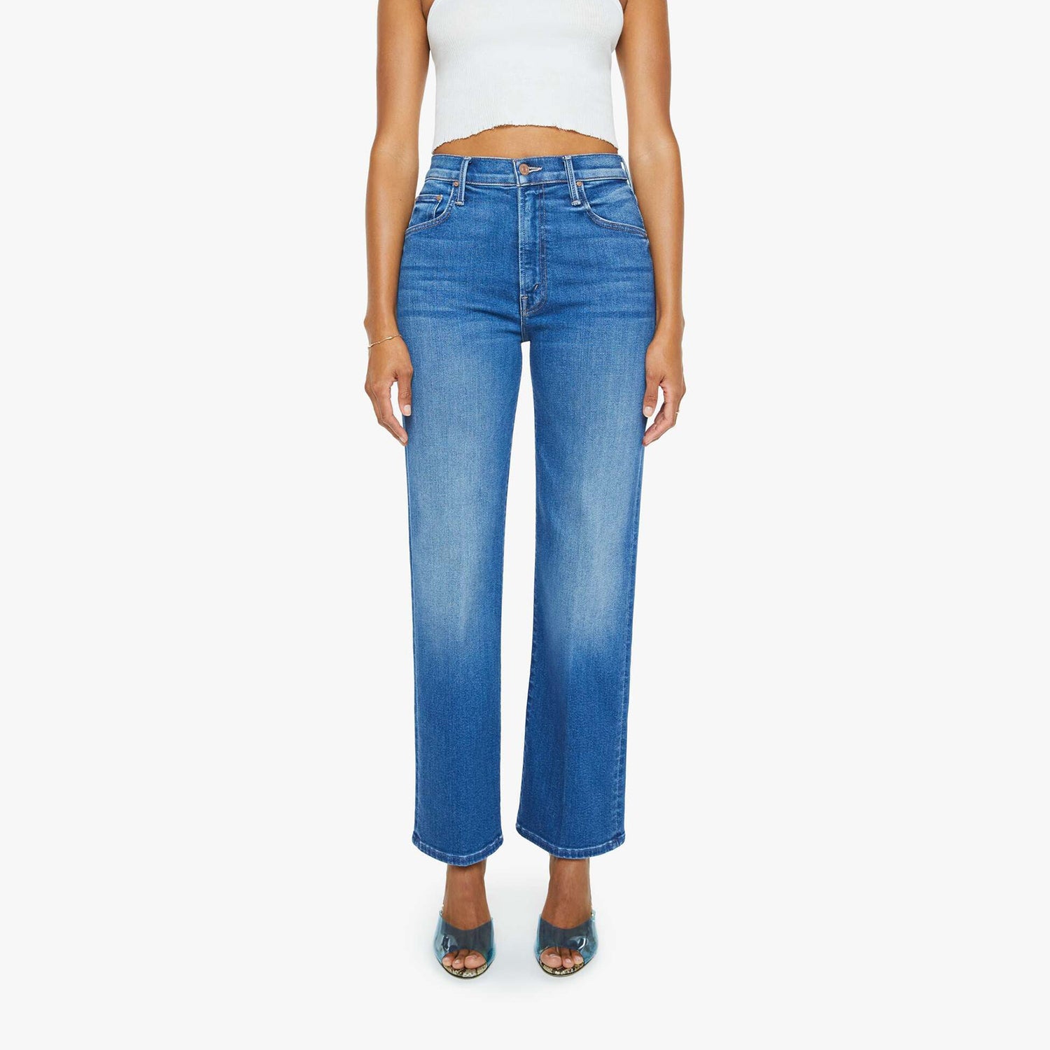 Rambler Zip Flood jeans in 'Nip it in the Bud', high-waisted wide leg denim, 28.25" inseam, made in Los Angeles.