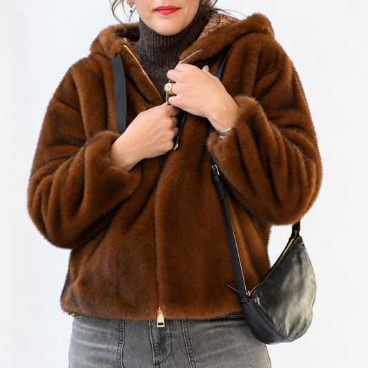 Faux Fur Bomber Jacket in Dark Brown