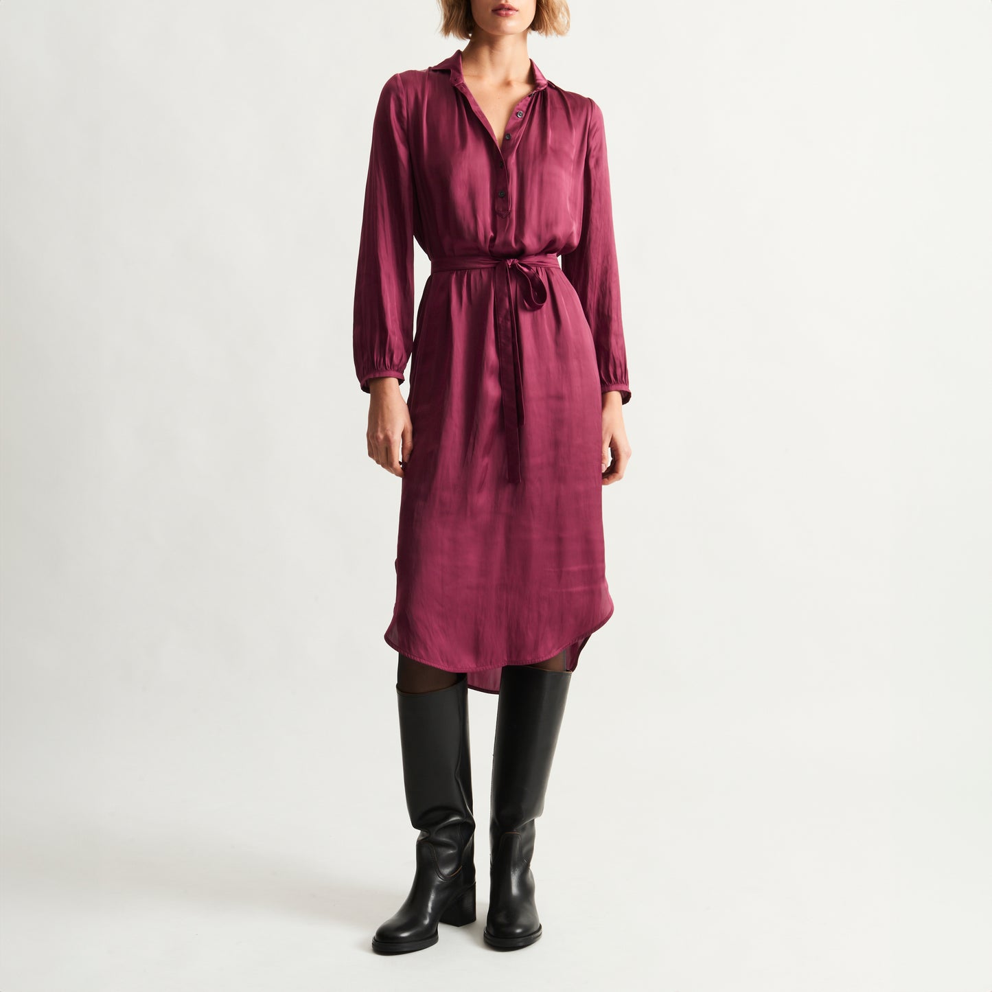 Vivienne Satin Shirt Dress in Berry