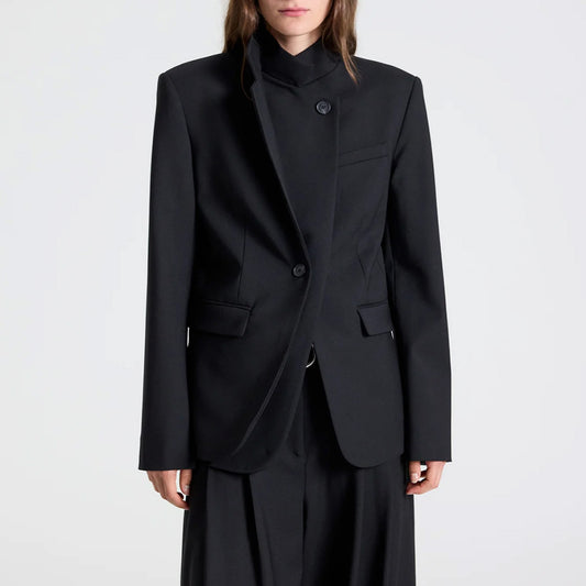 The Double Take Jacket in Black worn by a model, showcasing a single-breasted design and layered lapel.