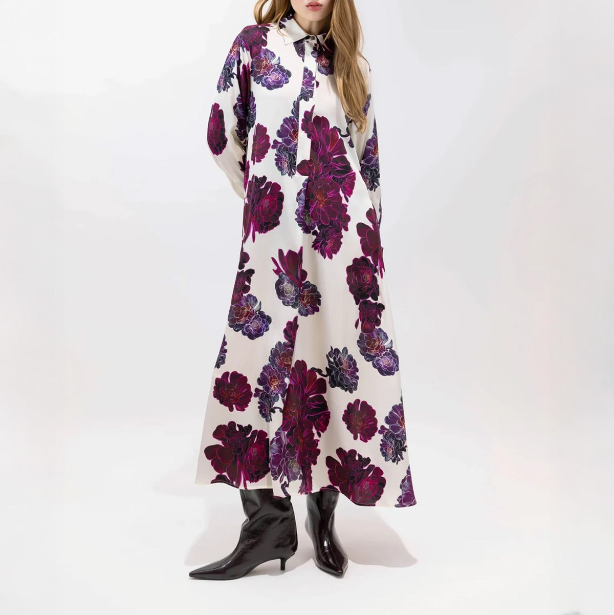 Aeonium Floral Print Silk Shirt Dress in Ivory