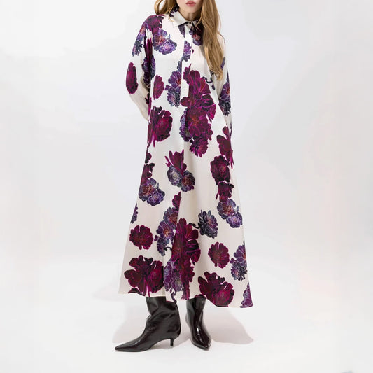 Aeonium Floral Print Silk Shirt Dress in Ivory