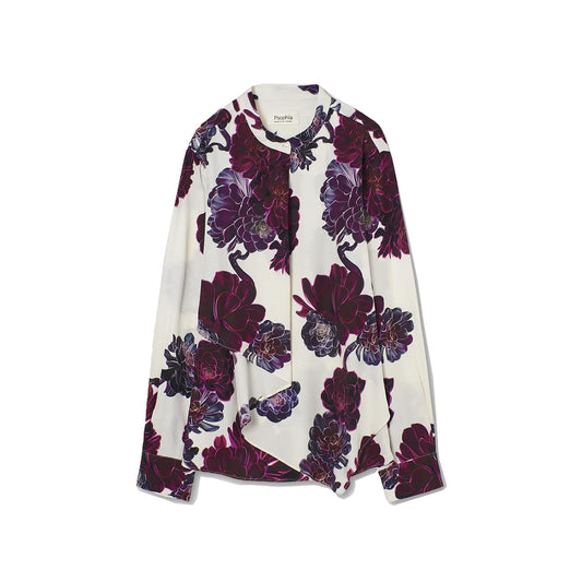 Aeonium Floral Print Long Sleeve Silk Blouse in Ivory