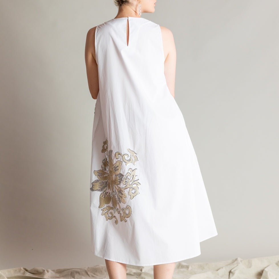 Pailette Poplin Dress in White
