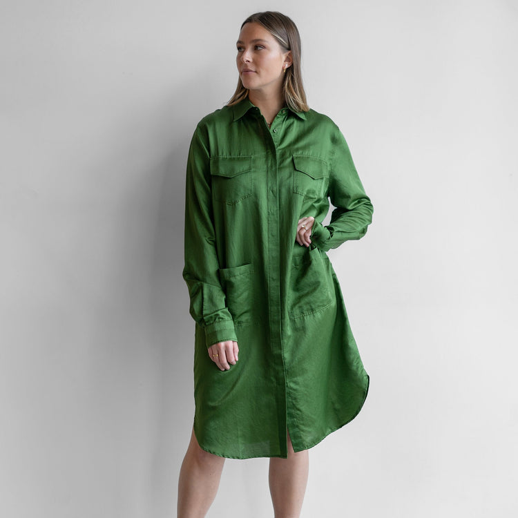 Silk Shirt Dress in Moss Green
