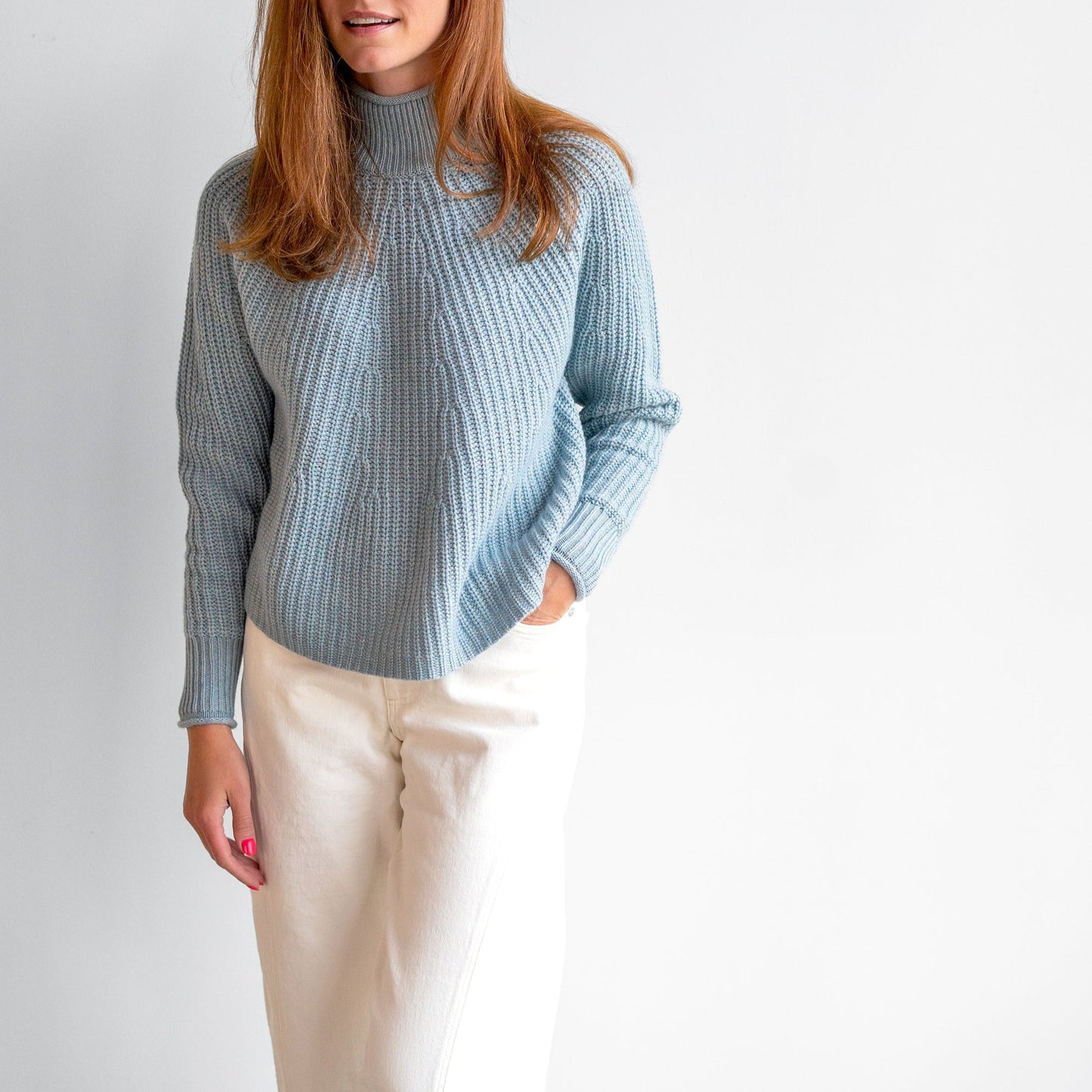 Draped Mock Neck Sweater in Blue Fog