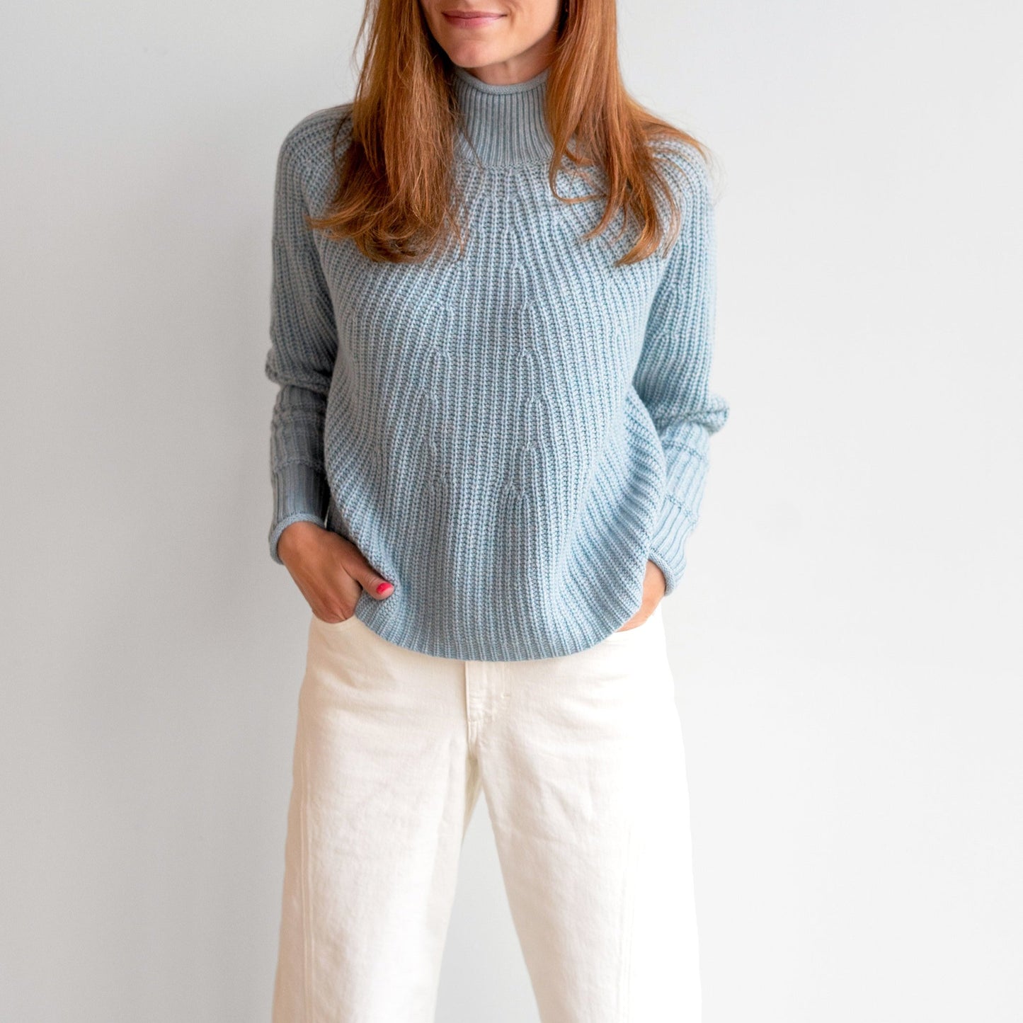 Draped Mock Neck Sweater in Blue Fog