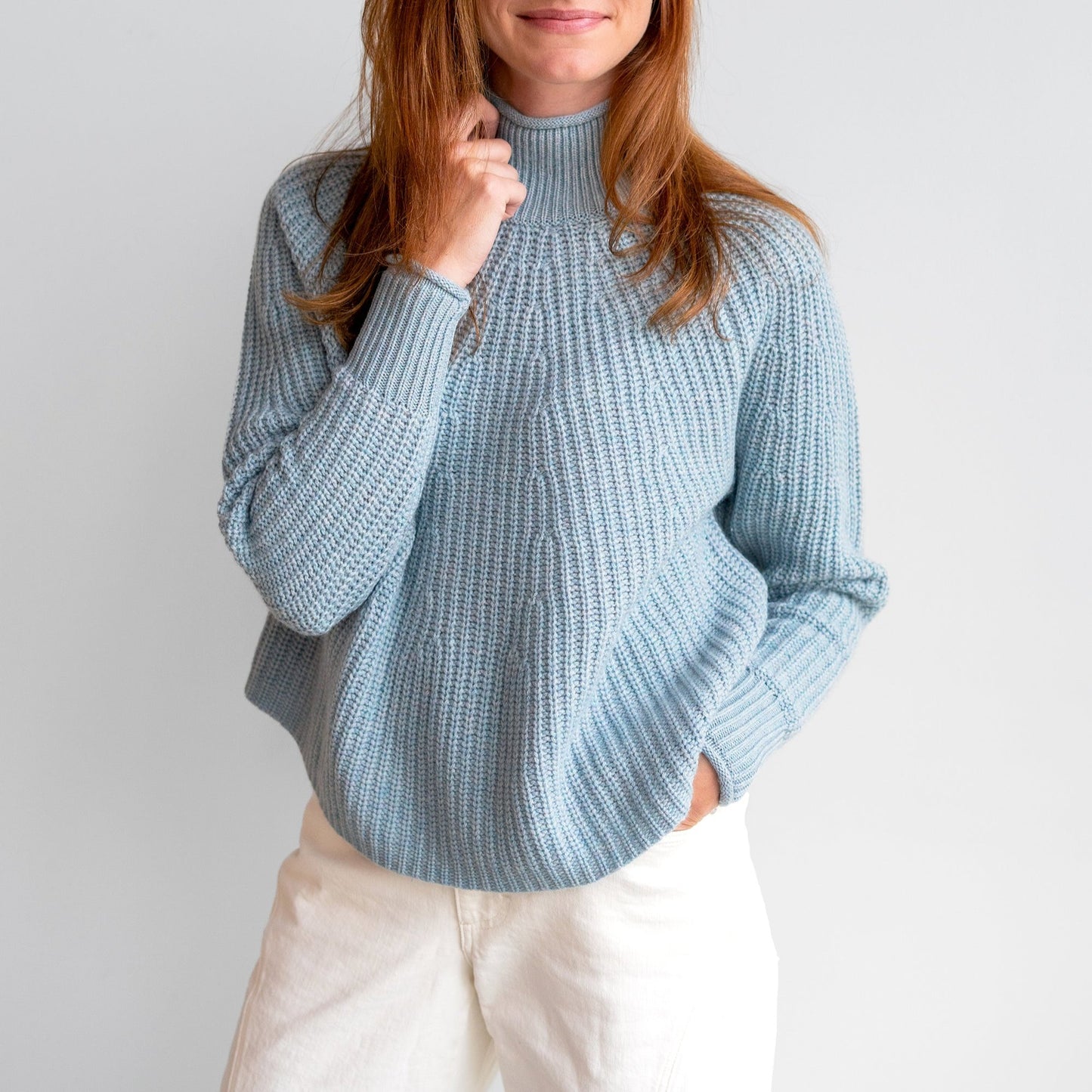 Draped Mock Neck Sweater in Blue Fog