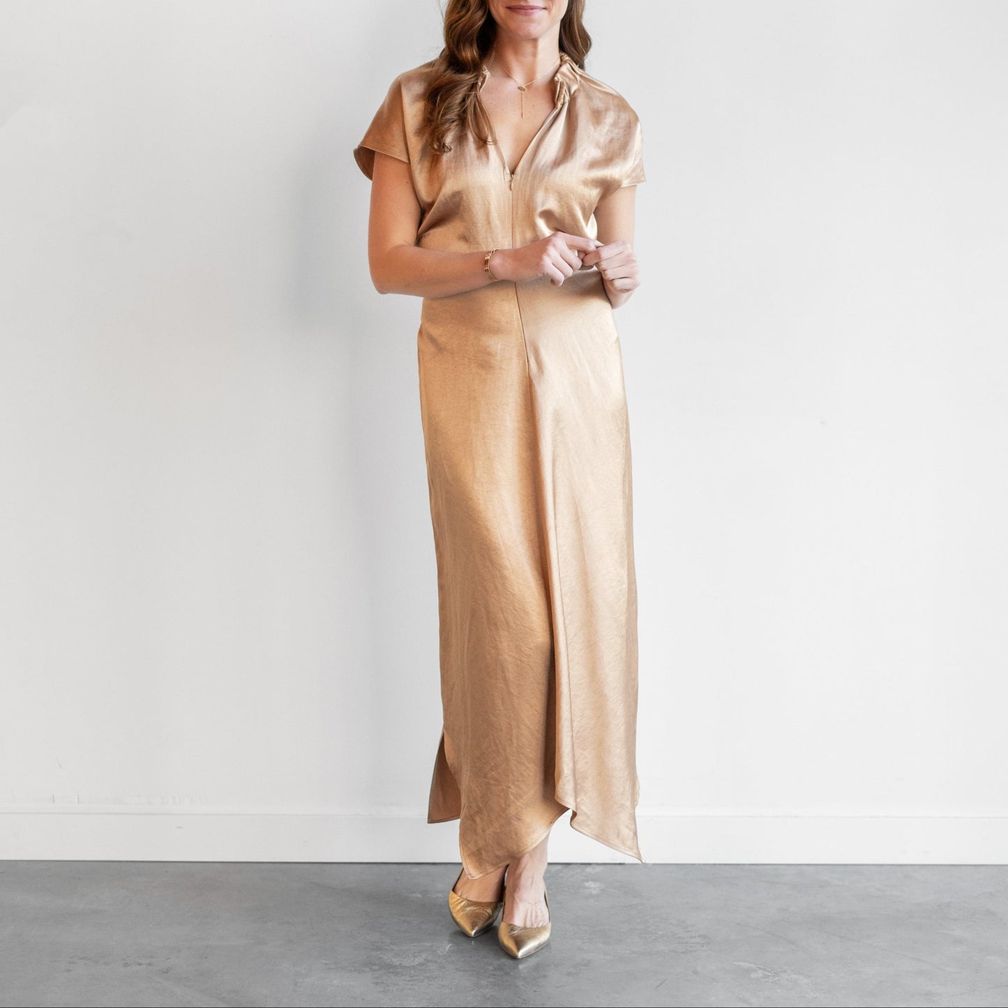 Stella Long Ruched Dress in Gold