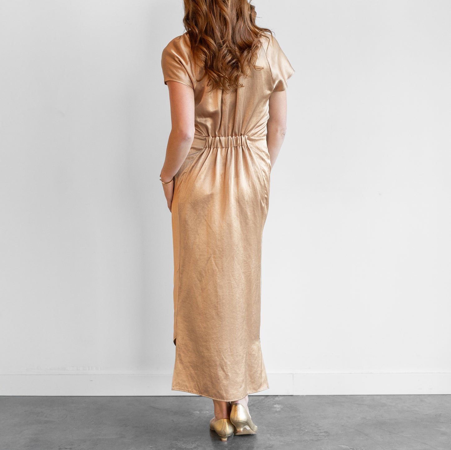 Stella Long Ruched Dress in Gold