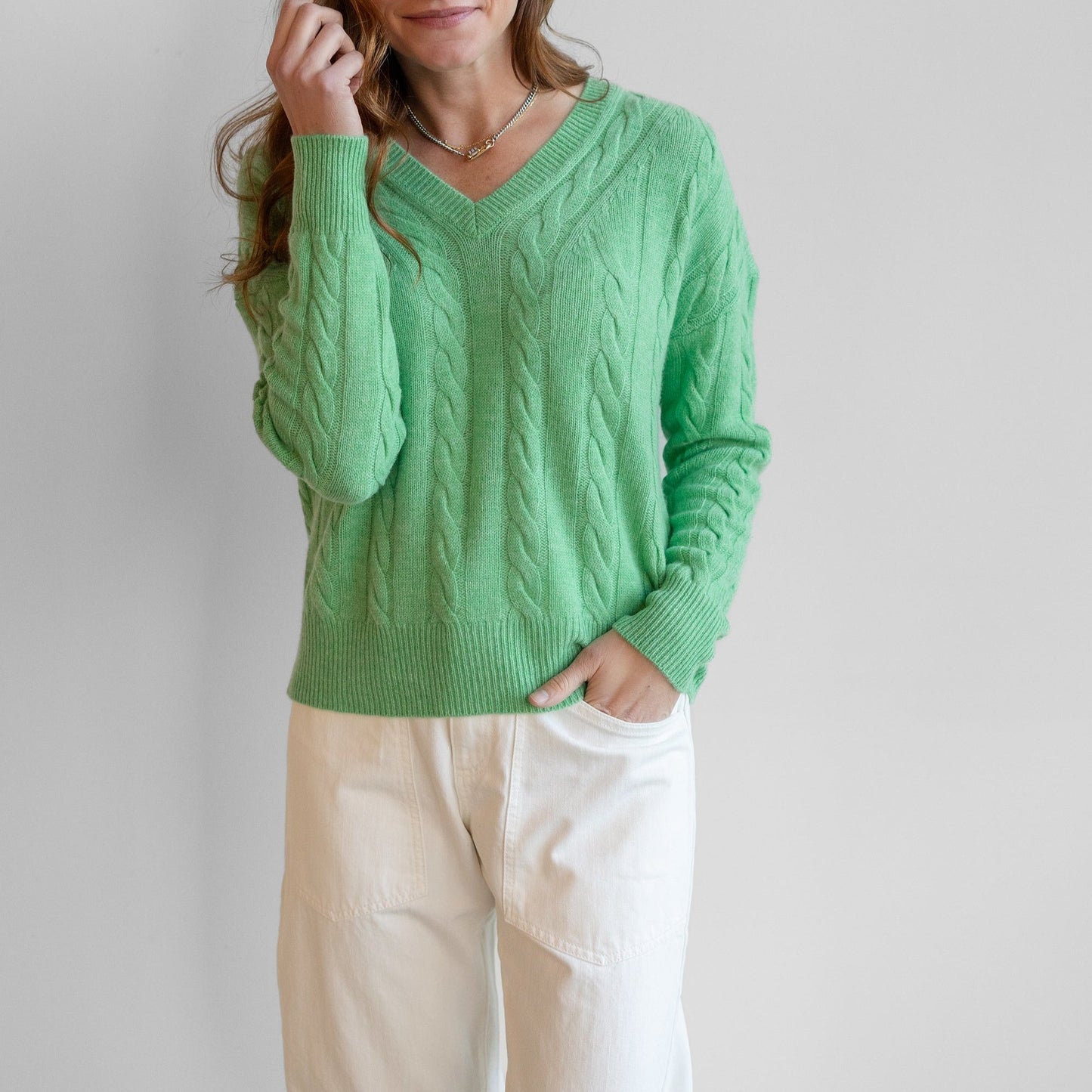 Fashioned Cable Knit Vee in Jade