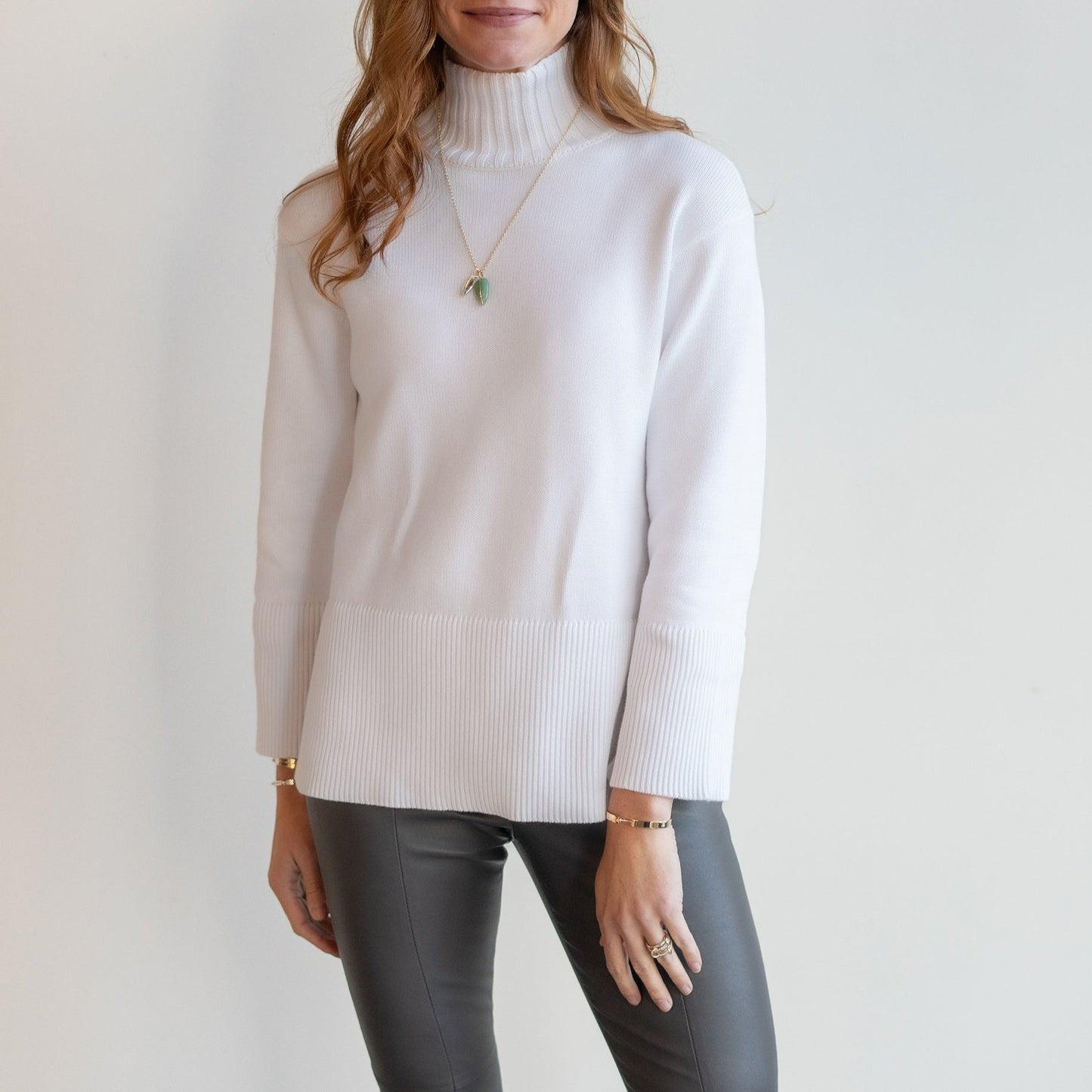 Rib Trim Funnel Neck Sweater in White