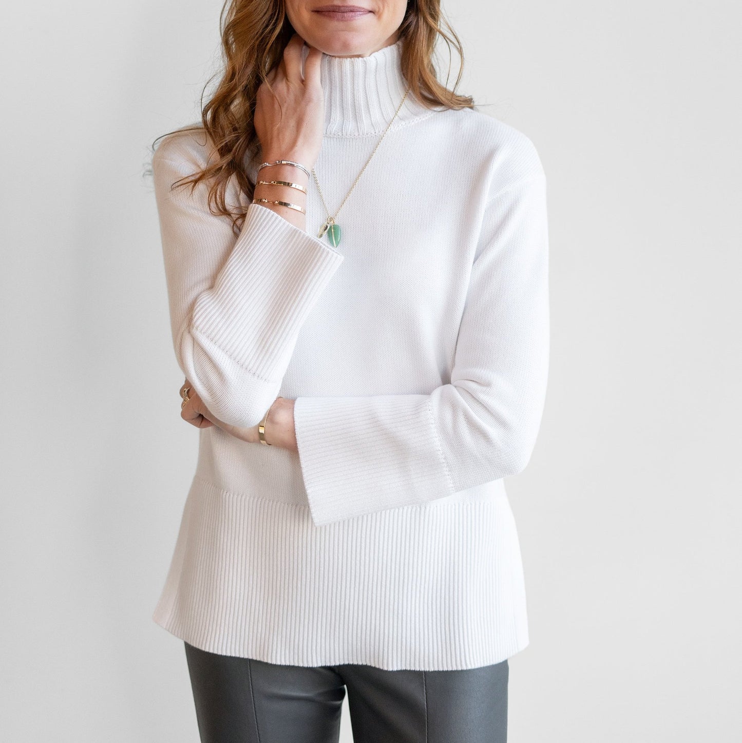 Rib Trim Funnel Neck Sweater in White