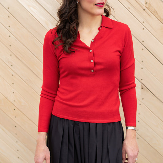 Knit Polo Pullover in Red