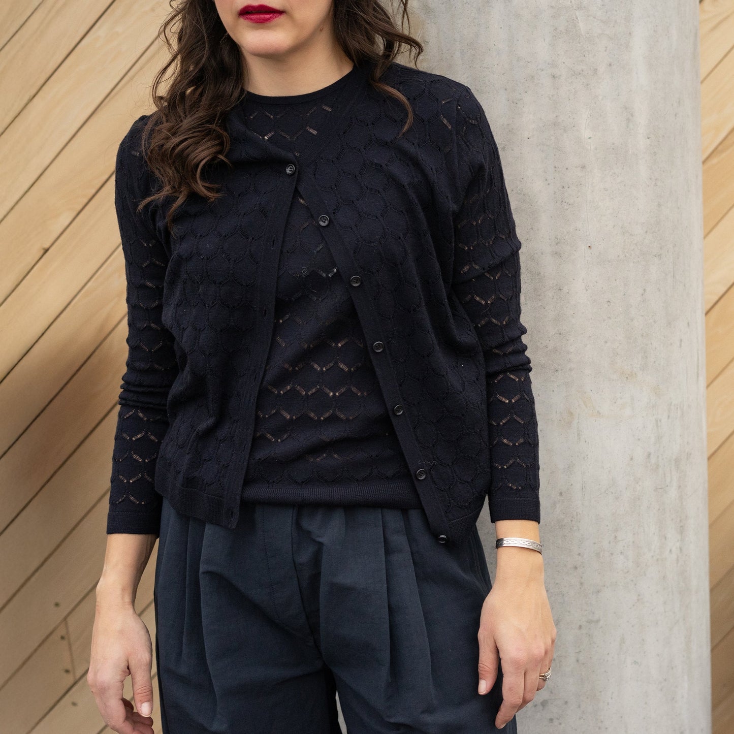 Pointelle Cardigan in Navy