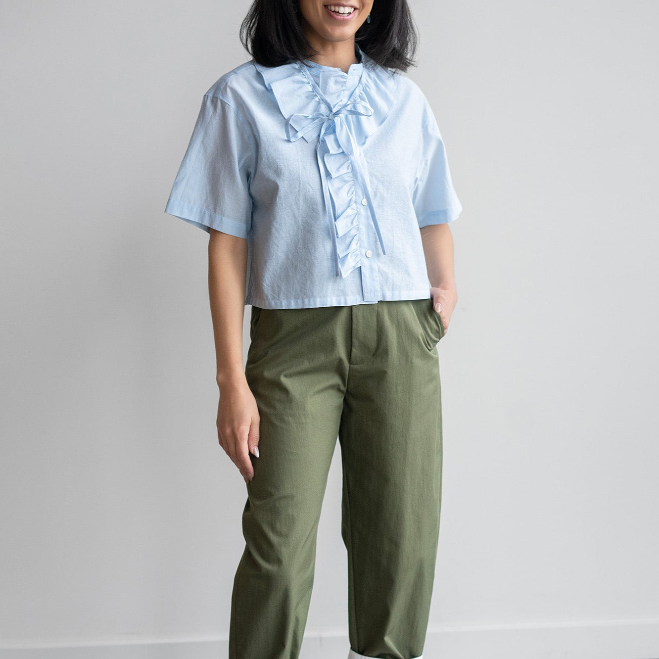 Emma Ruffle Top in Sax Blue