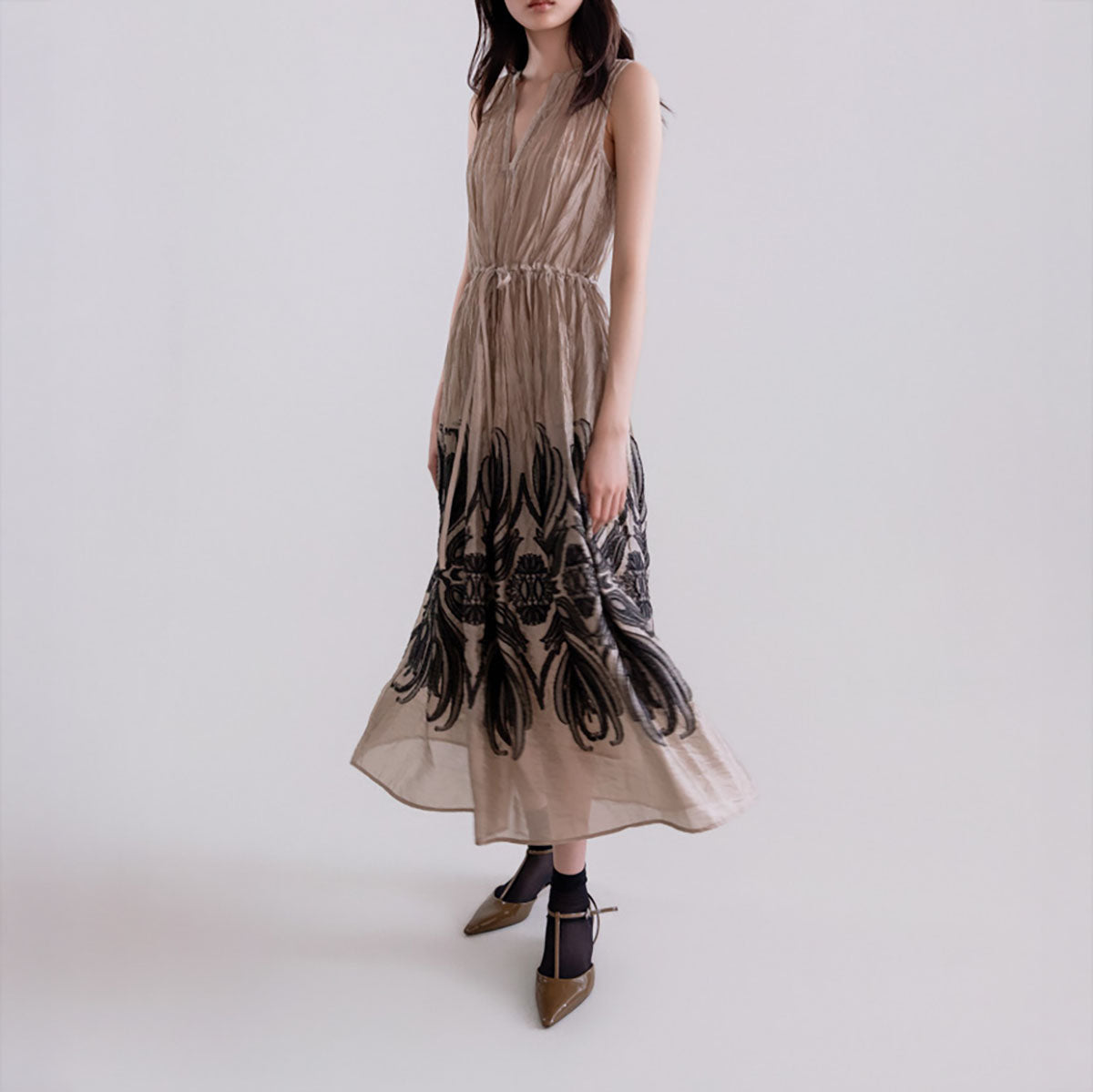 Crepe V Neck Dress in Beige