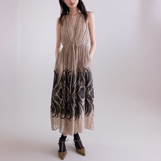 Crepe V Neck Dress in Beige