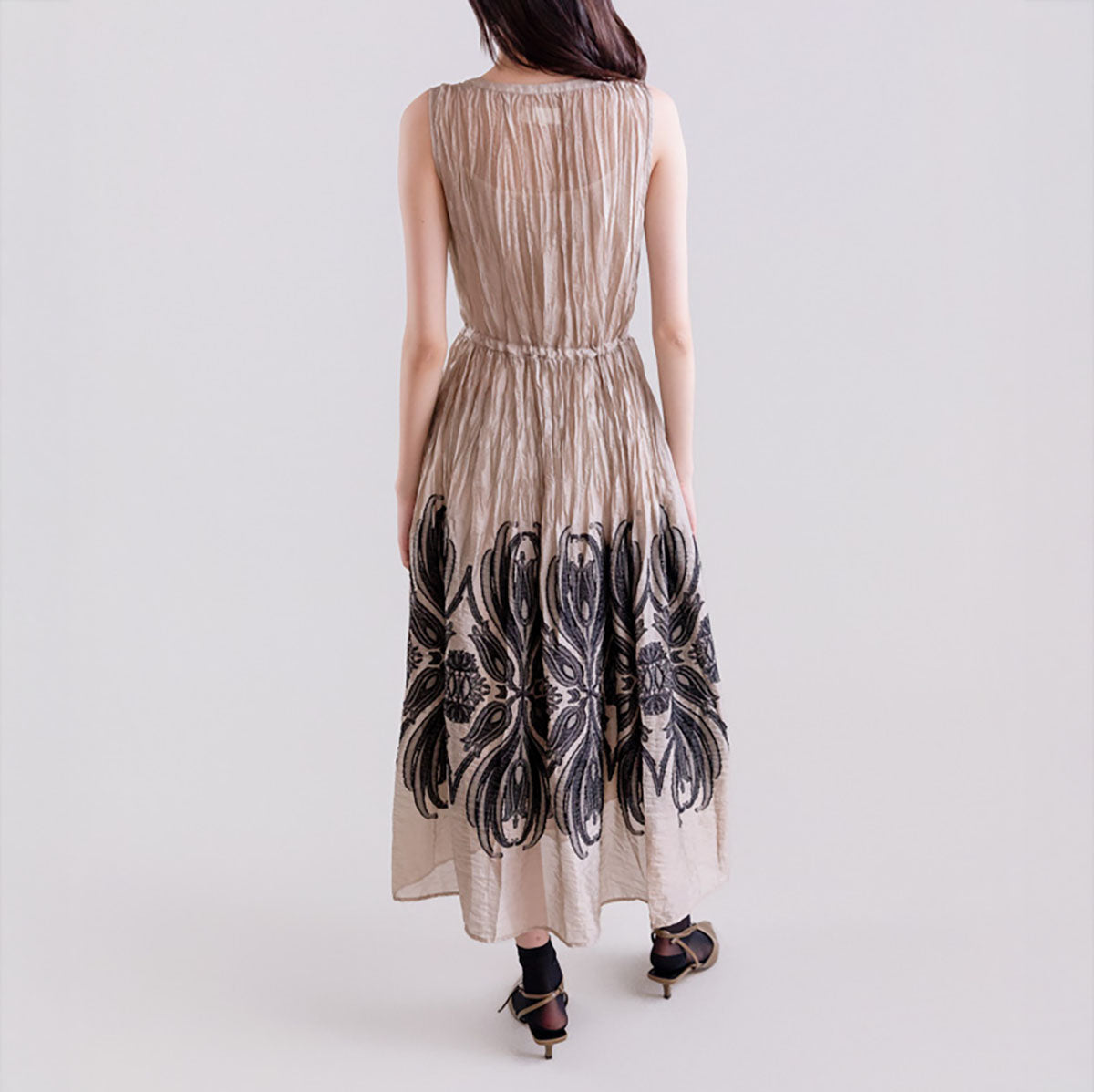 Crepe V Neck Dress in Beige