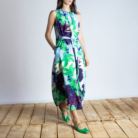 Floral Tie Dress in Purple & Green