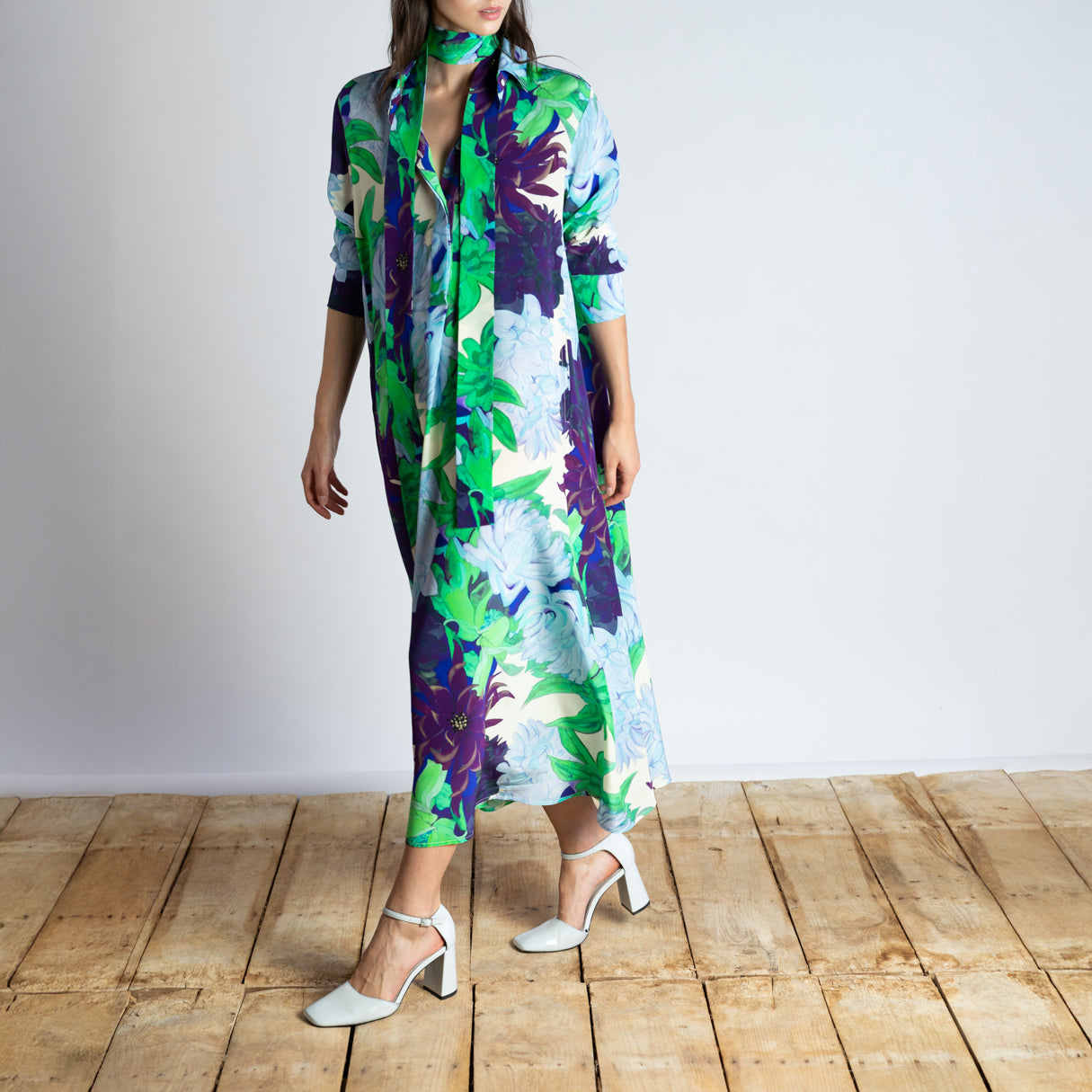 Floral Shirt Dress in Purple & Green