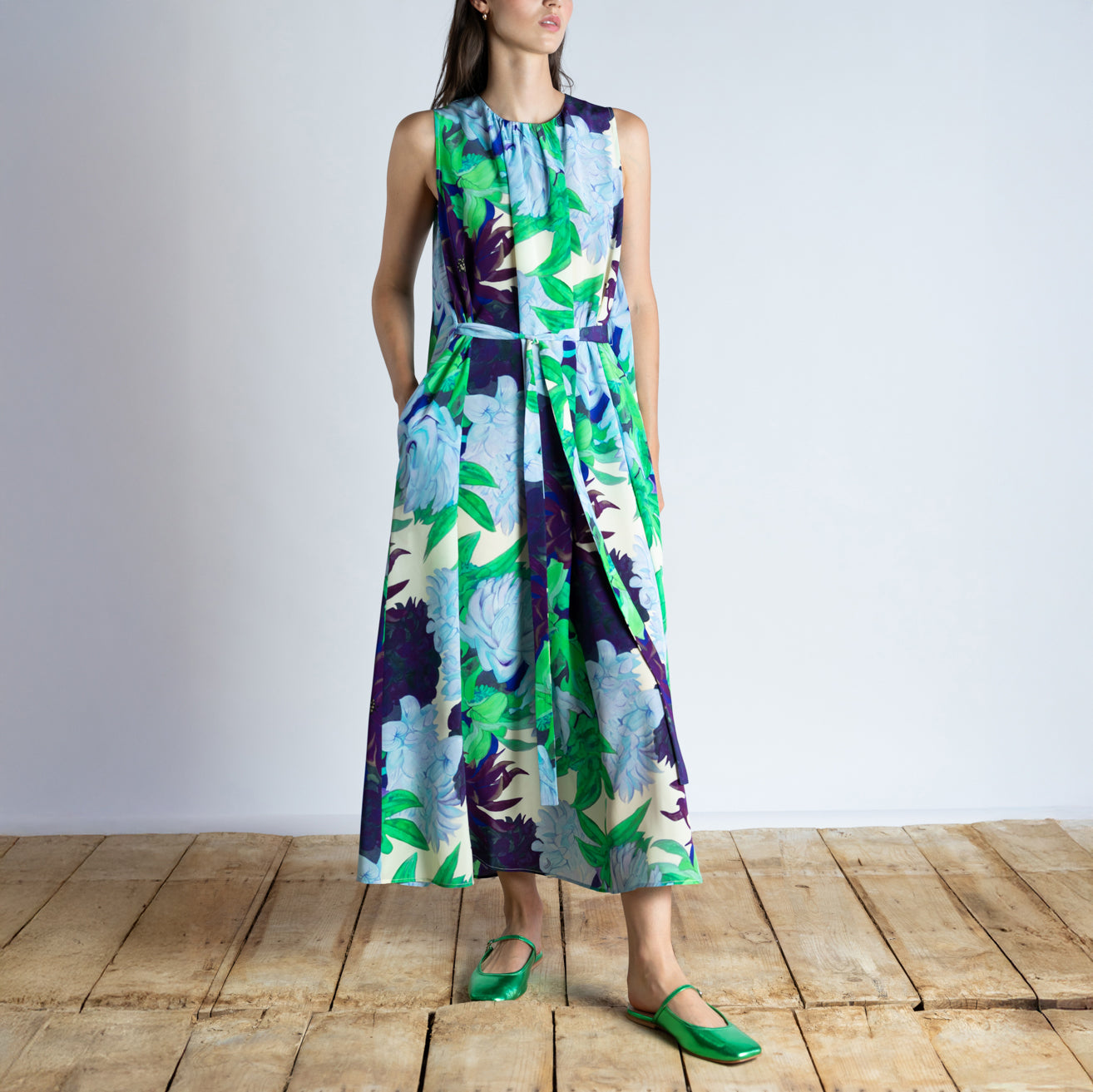 Floral Tie Dress in Purple & Green