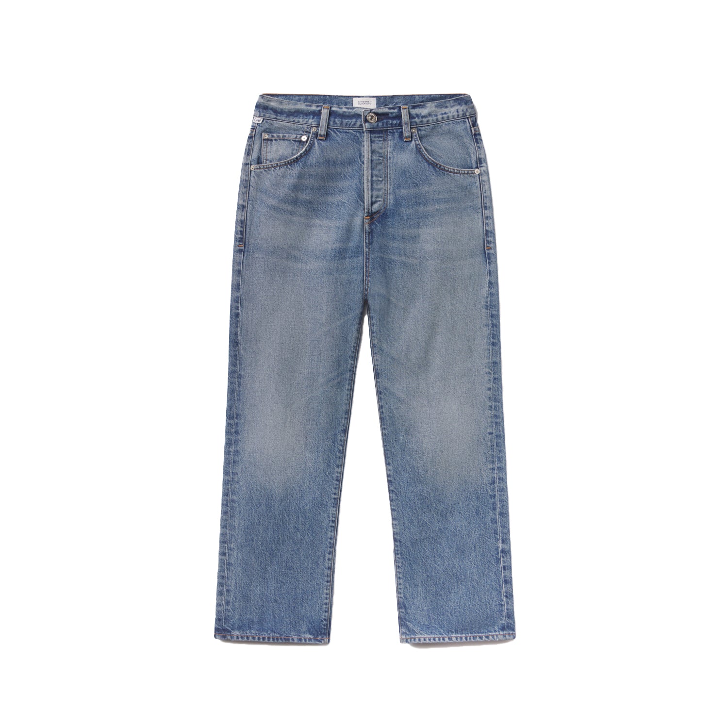 Baretta Straight Leg Jean in Jete, high rise, vintage-inspired, relaxed fit, rigid denim, full length, front view.