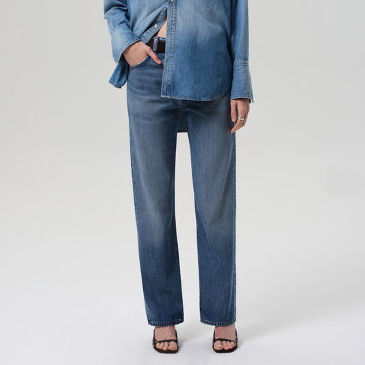 Baretta Straight Leg Jean in Jete, high rise vintage-inspired straight leg, relaxed fit, 30" inseam, button fly.