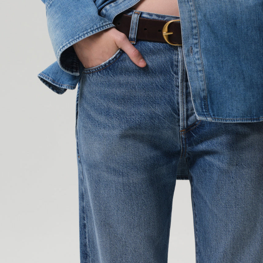 Close-up of Baretta Straight Leg Jean in Jete, high rise, vintage-inspired style, featuring a relaxed fit and button fly.