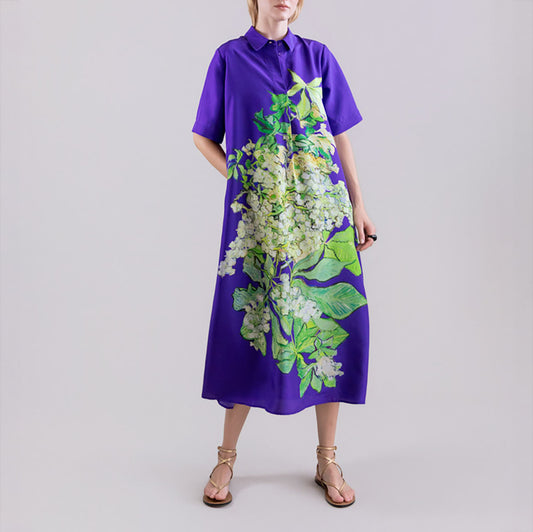 Silk Button Up Dress in Cobalt