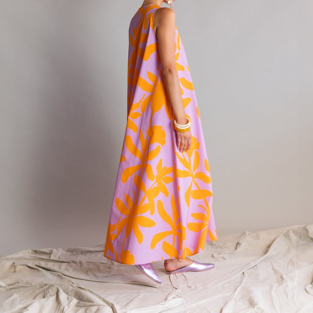 Orchid Print Maxi Dress in Orange & Lilac