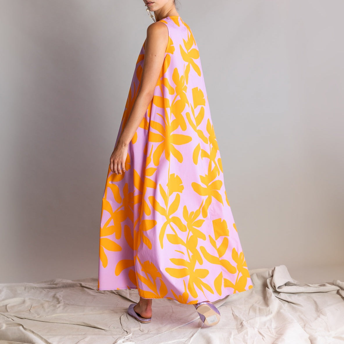 Orchid Print Maxi Dress in Orange & Lilac