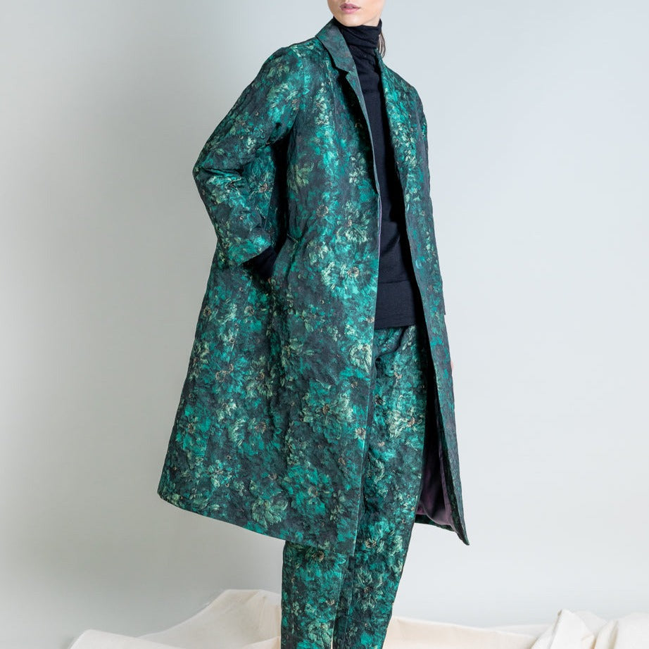 Floral Jacquard Trench in Green