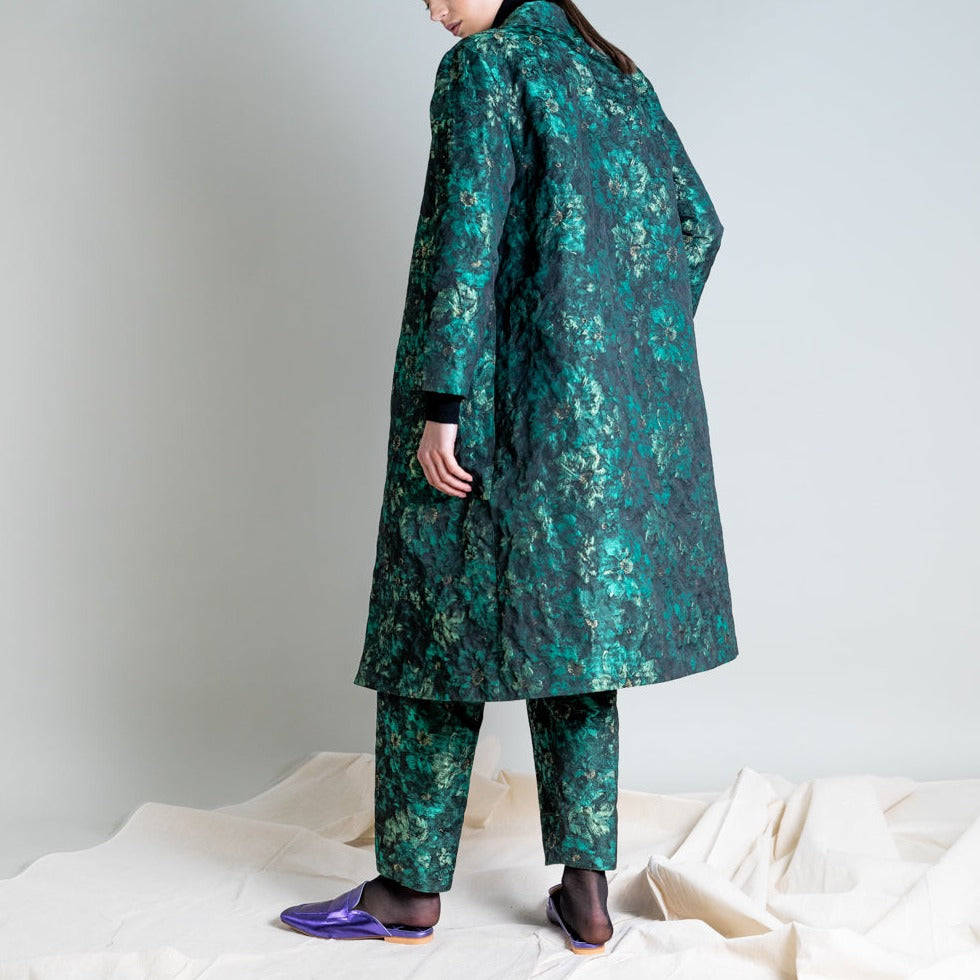 Floral Jacquard Trench in Green