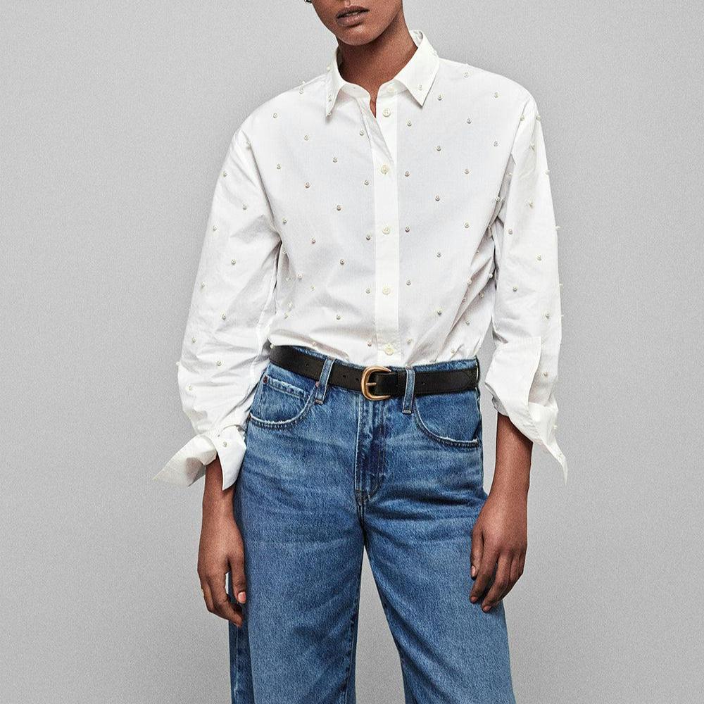 Oversized Pearl Button Up in White