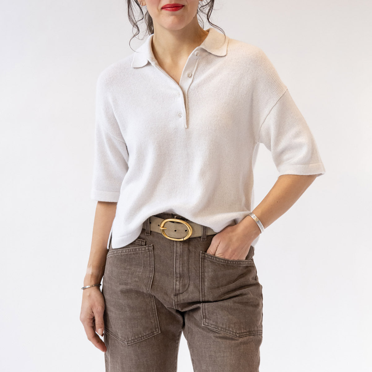 Short Sleeve Polo Sweater in Fleur de Sel