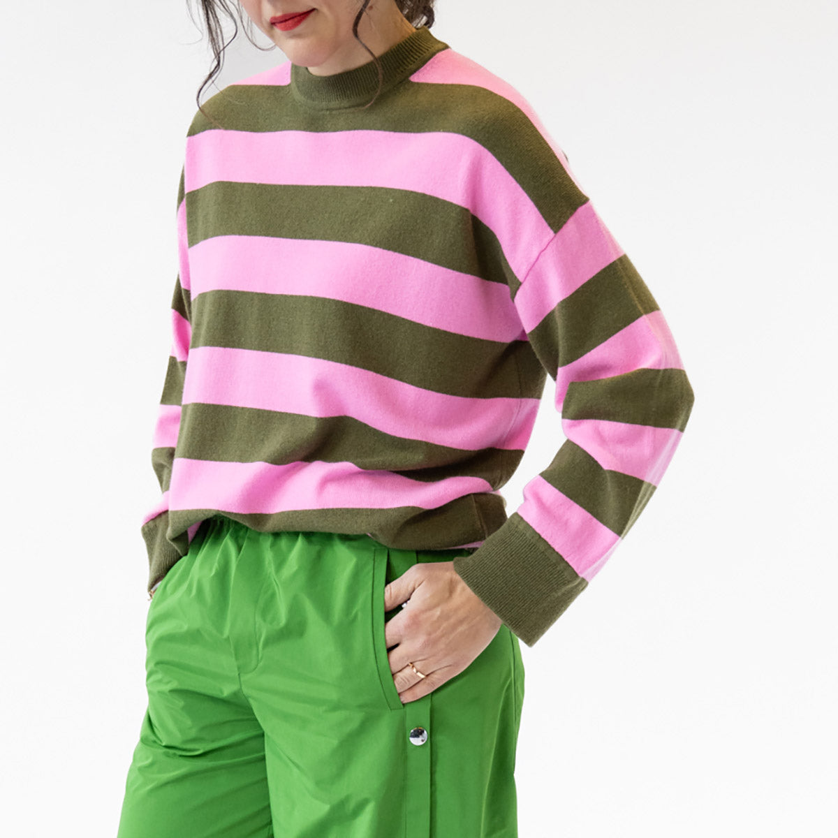 Oversize Stripe Sweater in Woodlands and Plastic Pink
