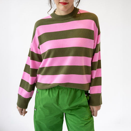 Oversize Stripe Sweater in Woodlands and Plastic Pink