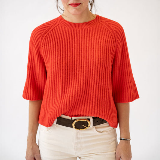Elbow Sleeve Crew Sweater in Marachino Cherry
