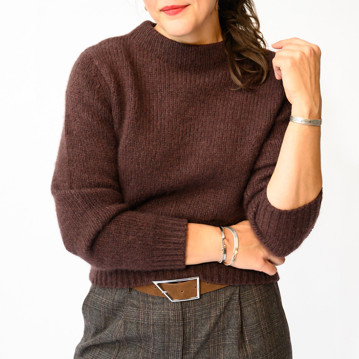 Maire Sweater in Red Umber featuring a fitted silhouette and full-length blouson sleeves.