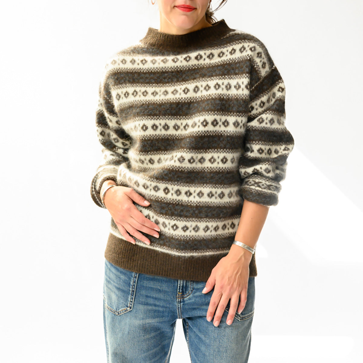 Myles Sweater in Sandhamm Jacquard featuring brown and cream allover jacquard knit design, slouchy oversized fit.