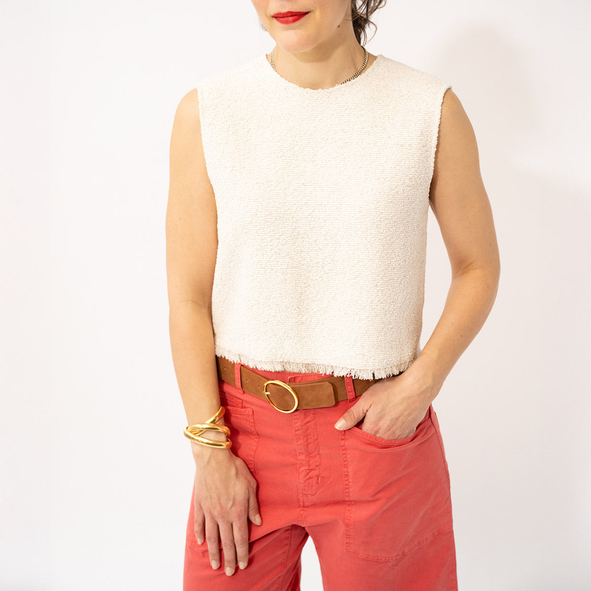 Raw Hem Shell Top in Ivory