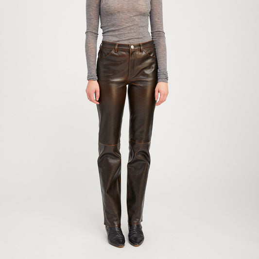 Slim Straight Leather Pant in Burnt Umber